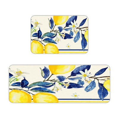 Ensemble de 2 tapis de cuisine pour aquarelle à feuilles bleues et citron