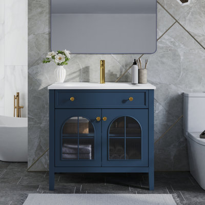 Lavabo de salle de bain 35,6 po Mid-Century avec verre à motif et bande lumineuse à capteur de mouvement, lavabo de salle de bain autoportant Farmhouse avec rangement, meuble-lavabo haut de gamme pour salle de bain, bleu