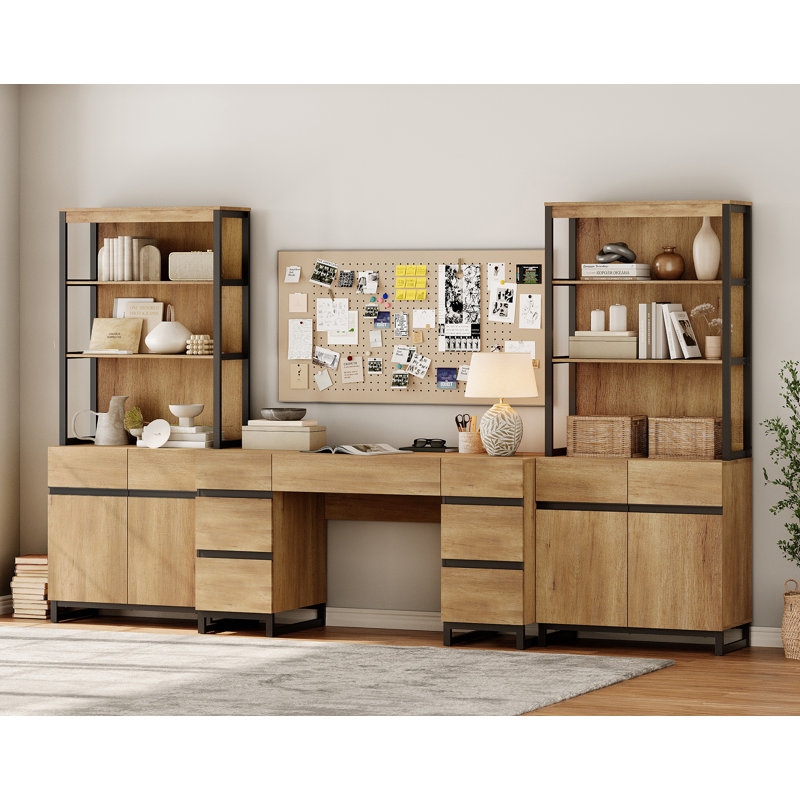 Aadam Home Office Furniture Set: 59In Modern Executive Desk With Charging Station & Drawers And 2 PCS 72In Tall Bookcases With Storage Cabinet, Home Office Furniture For Living Room, Bedroom