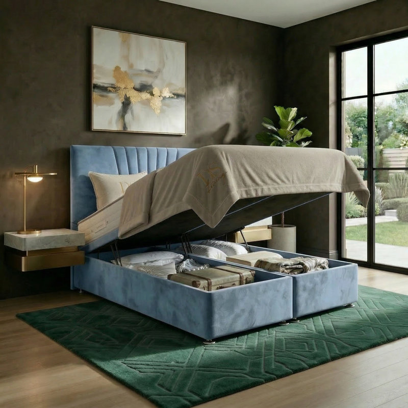 Upholstered Ottoman Bed, Super King, Sky Blue