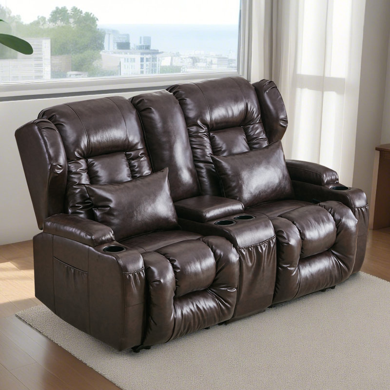 Causeuse inclinable en similicuir avec console et canapé inclinable manuel, Similicuir brun / rouge