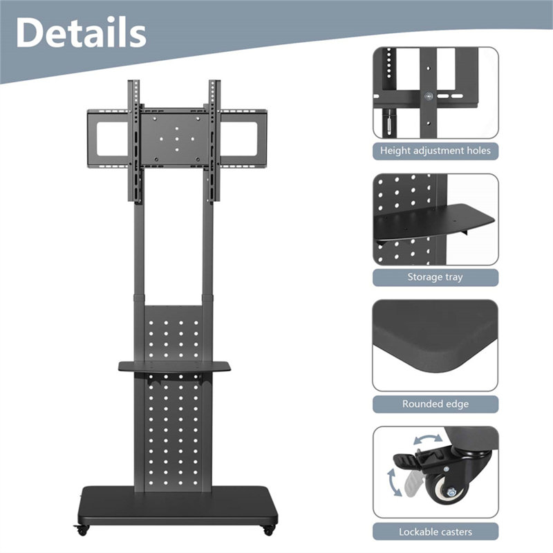 Heavy Duty Universal Floor Tv Stand Mobile Tv Cart With Shelf For 32"-65'' Led Lcd Tv Vertical/ Horizontal Display