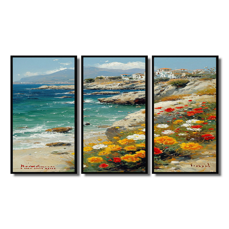 Ruvalcaba - Ensemble d'art mural plage de sable côtier, Cadre flottant noir, H 40 po x l 60 po x P 1 po
