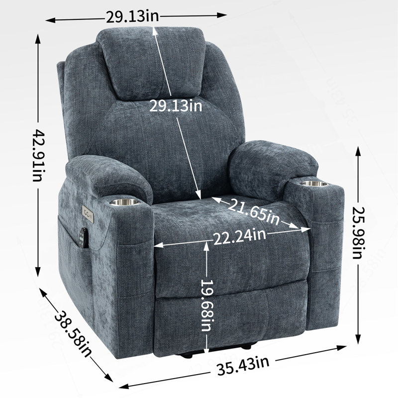 Up To 350 LBS Chenille Power Lift Recliner Chair, Heavy Duty Motion Mechanism With 8-Point Vibration Massage And Lumbar Heating, USB And Type-C Ports, Stainless Steel Cup Holders