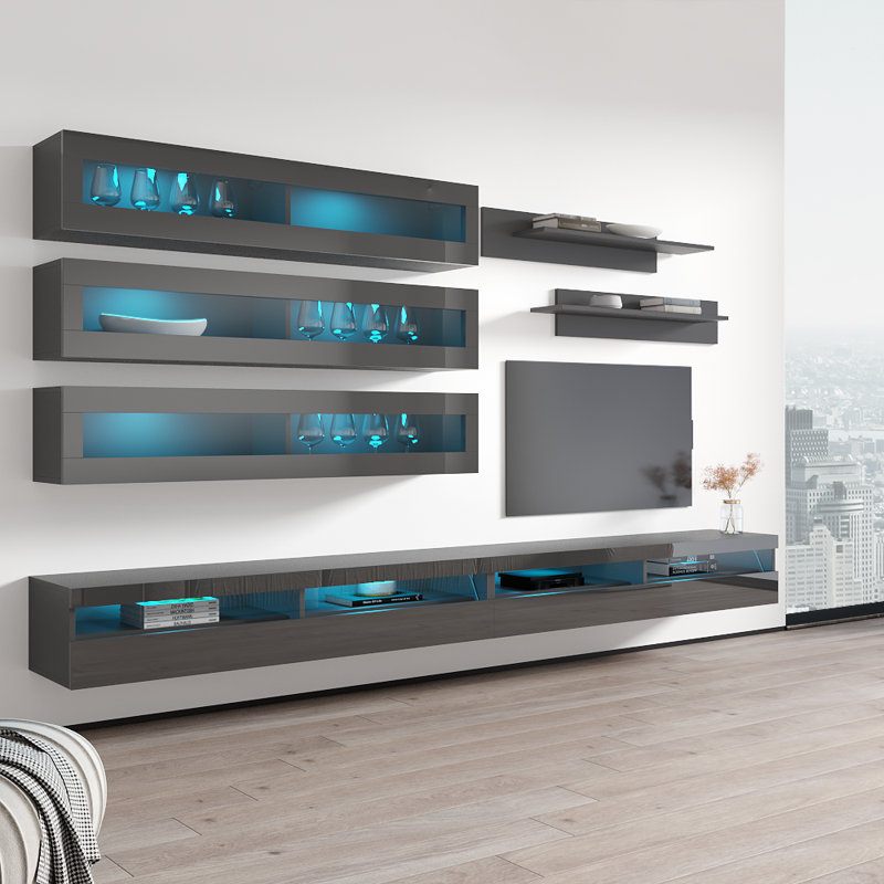 Meuble audio-vidéo mural flottant moderne de 126 po avec éclairage à DEL 16 couleurs Lovette, finition brillante, gris