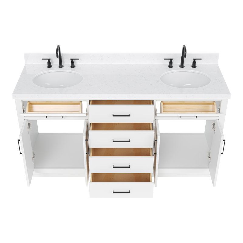 Meuble-lavabo double en bois massif 66 po avec plateau en quartz Carrara de 1,5 po Thornaby, Ovale, Blanc / noir mat
