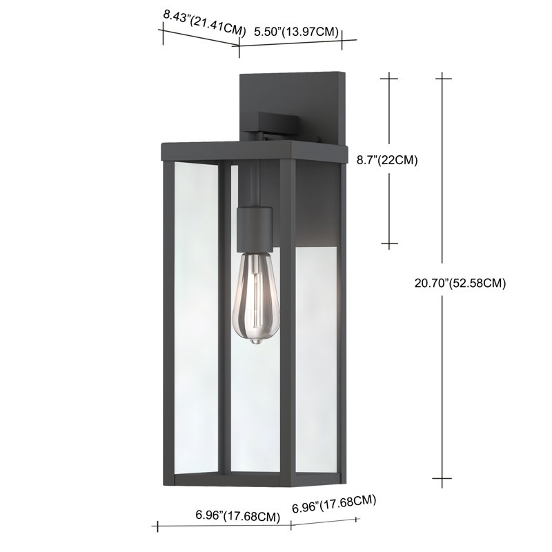 1-Light Modern Outdoor Wall Lantern Sconce with Clear Glass Shade, 21" H x 7" W x 7" D, Matte Black