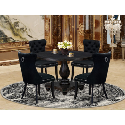 Ensemble de salle à manger 5 pièces pour 4 personnes comprenant une table ronde de 48 po avec piédestal et 4 chaises Parson en tissu noir, noir sablé