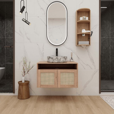 Meuble-lavabo flottant écologique avec portes à fermeture douce et rangement spacieux, idéal pour les salles de bain modernes et durables.