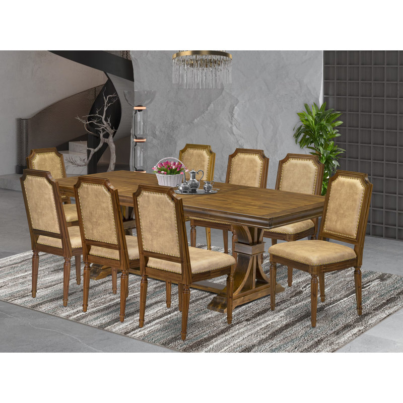 9-piece Dining Table Set includes a Dining Table and 8 Beige PU Leather Kitchen Chairs with High Back-Antique Walnut Finish