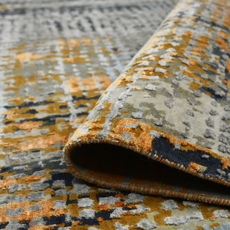 Gray Abstract Hand-Knotted Wool and Silk 9'x12' Rug