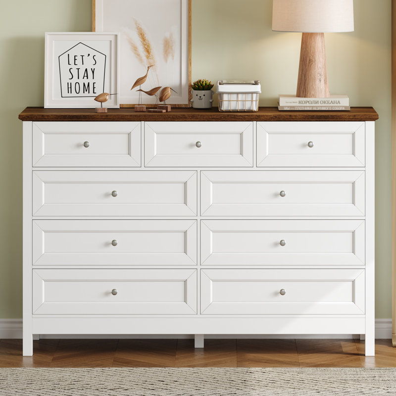 Commode de rangement rustique à 9 tiroirs, Brun / Blanc