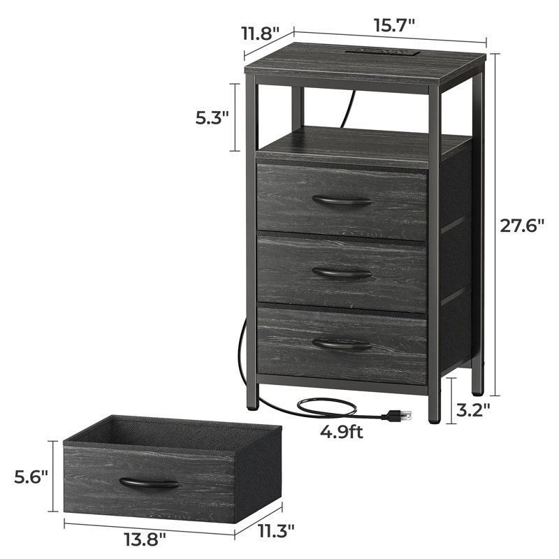 Table de chevet moderne avec station de charge, tiroirs en tissu et ports USB, noir anthracite, Noir