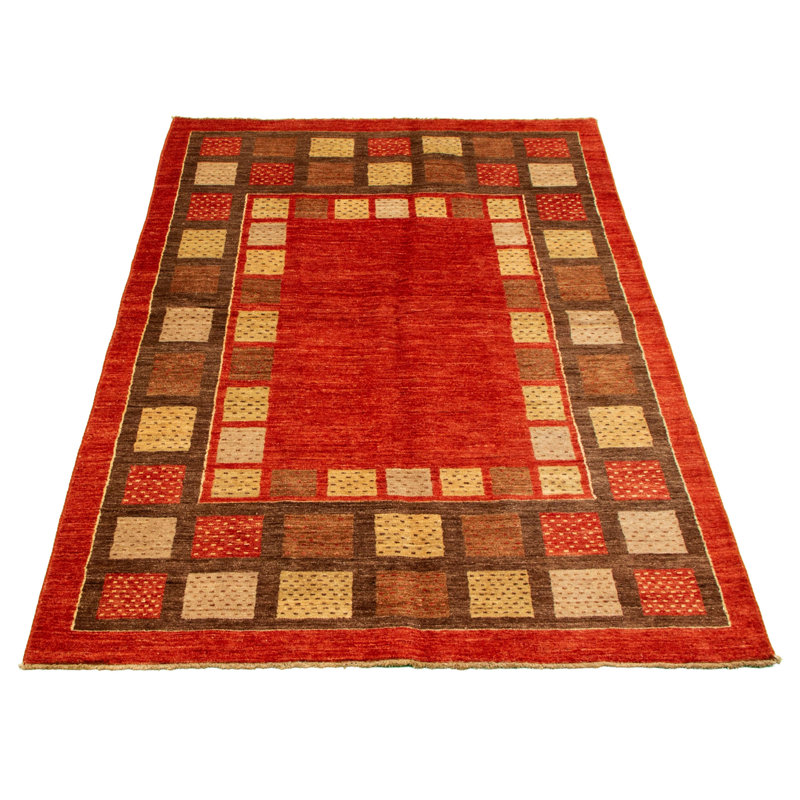 Tapis décoratif en laine noué à la main de conception unique 5 pi 5 po x 8 pi 7 po Diamonta en laine rouge/brun