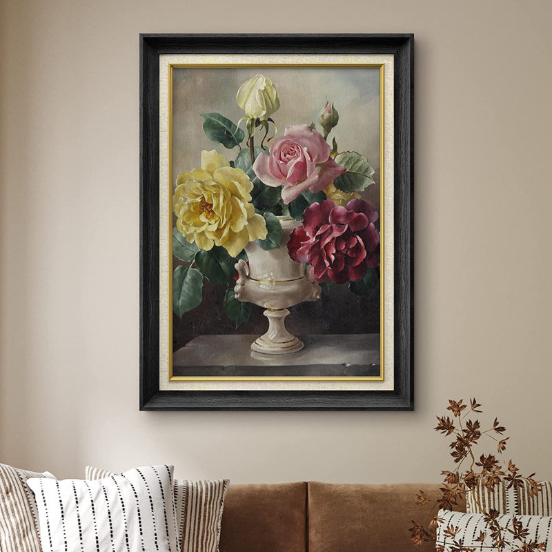 Jaune, rose et roses rouges - Peinture sur toile encadrée, Noir