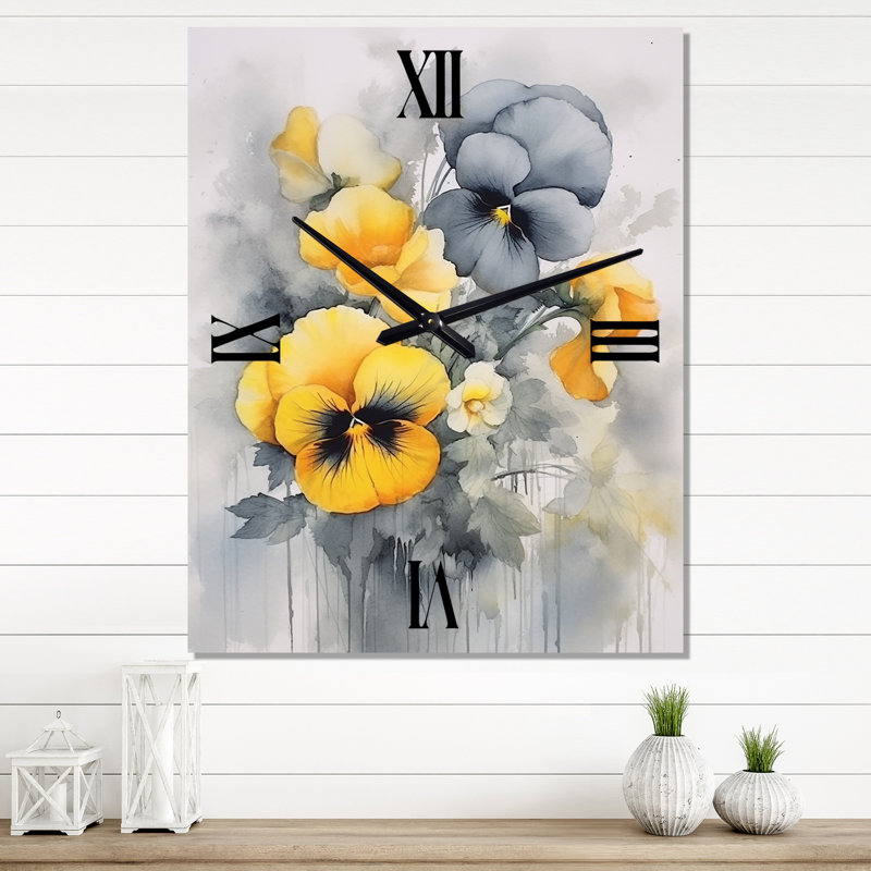 Pensées minimalistes jaunes et grises - Horloge murale florale, Petit