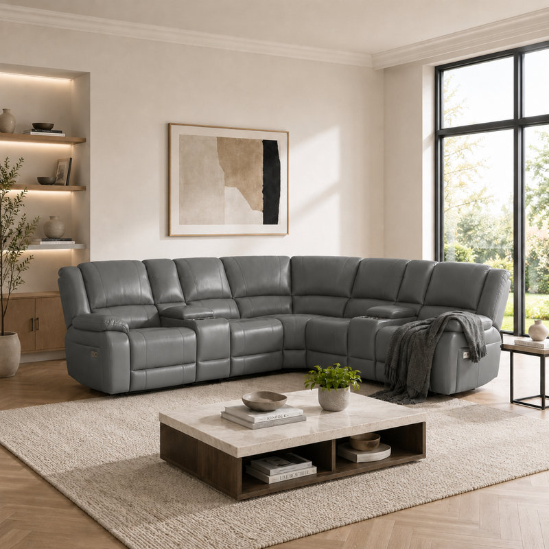 One Sectional 109'' Faux Leather Manual Reclining Sectional Couch with 2 Consoles for Living Room Set, Gray