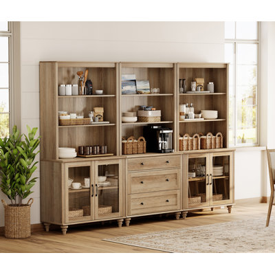 Sideboard Cabinet With Bar Hutch, Buffet Cabinet With 4 Glass Doors, 3 Drawers And 3 Tier Shelves, Oak, 101''
