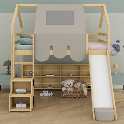 Wooden Loft Bed House-Shaped Frame With A Tent