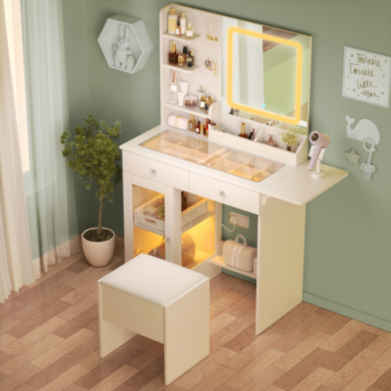 Small Vanity Desk With Mirror, Lights And Chair, Makeup Vanity With Glass Top & 2 USB Power Strip, Dressing Table With Drawers & Cabinet, 3 Light Colors Mirror