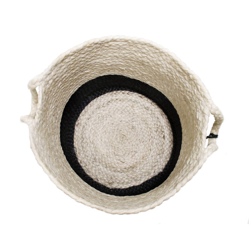 17" Cream and Black Round Jute Storage Basket