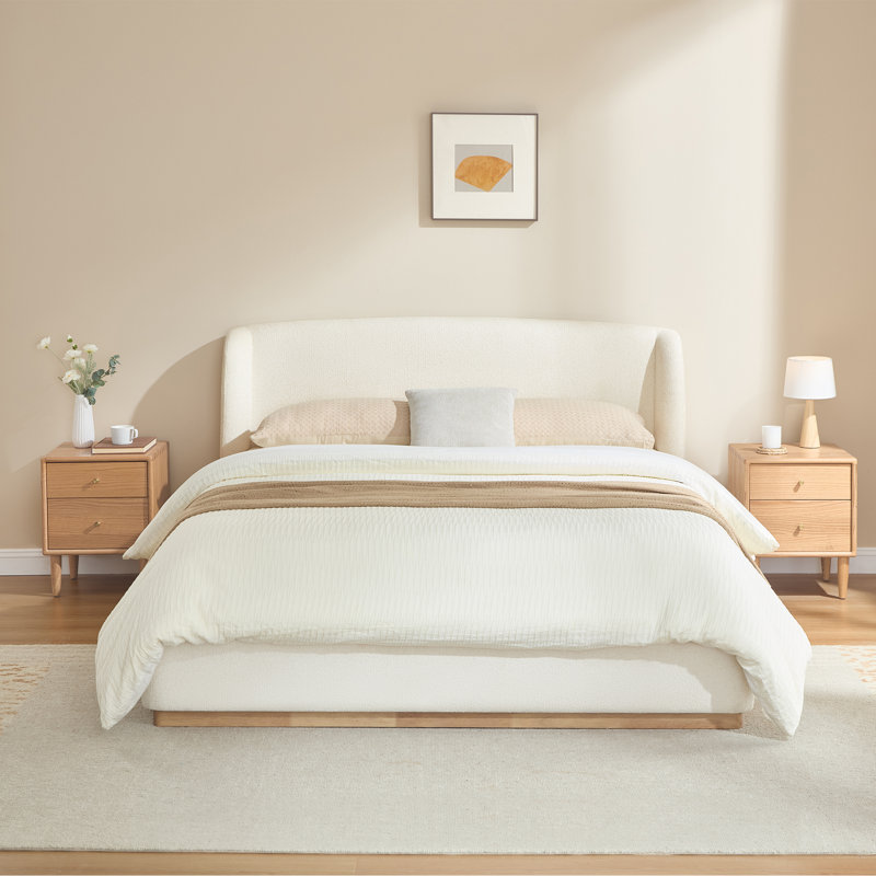 Burritt Modern Boucle Upholstered Wingback Headboard Platform Bed with Solid Wood Frame, Queen