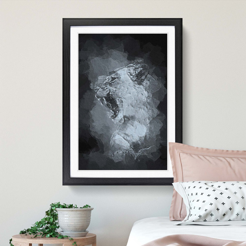 Fierce Lioness in Abstract - Picture Frame Painting Print, 65cm H x 48cm W x 2cm D, Black Framed