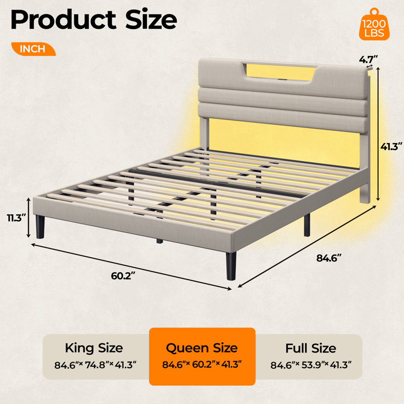 Modern Upholstered Bed Frame with Storage Headboard, LED Lights & Charging Station, Heavy Duty Wooden Slats Support, No Box Spring Needed