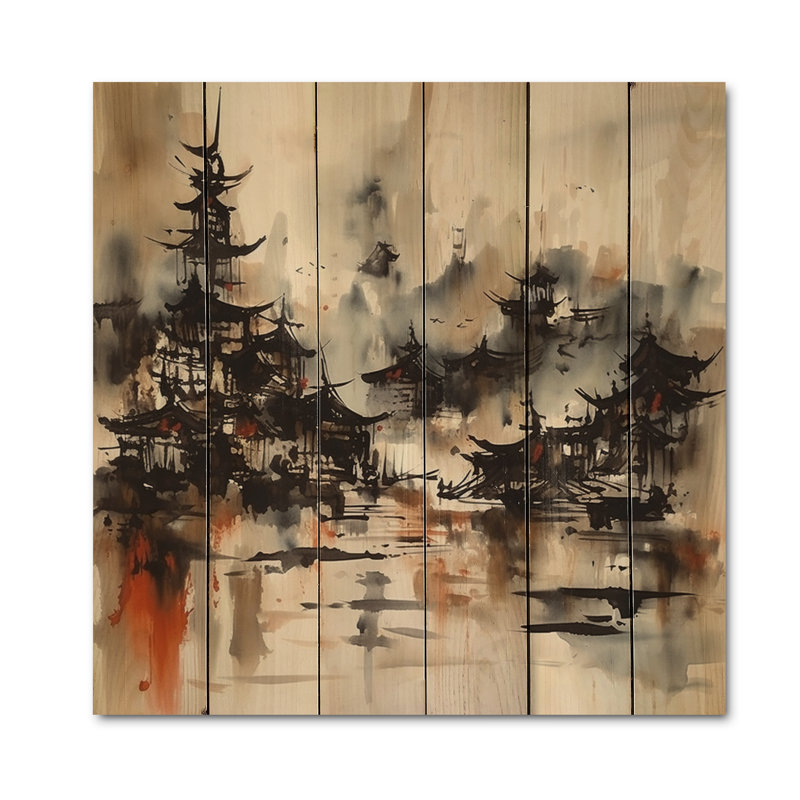 Village japonais flou - impression de paysage japonais sur bois de pin naturel, H 35 po x l 35 po x P 0,78 po