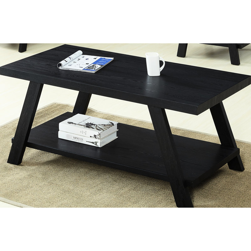 Table basse contemporaine en bois à finition noire avec tablette et pieds exquis en angle noir, Noir