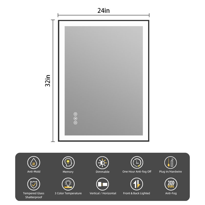  Lunara UL Certified Metal Framed Front Light & Backlit Memory LED Light Bathroom Vanity Mirror with 3 Year Warranty