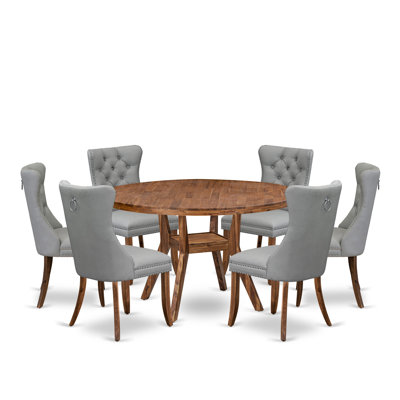 7-Pc Mid Century Dining Table Set Consist a Table and 6 Light Gray Polyester fabric Padded Chairs with Button-Tufted Back, Antique Walnut