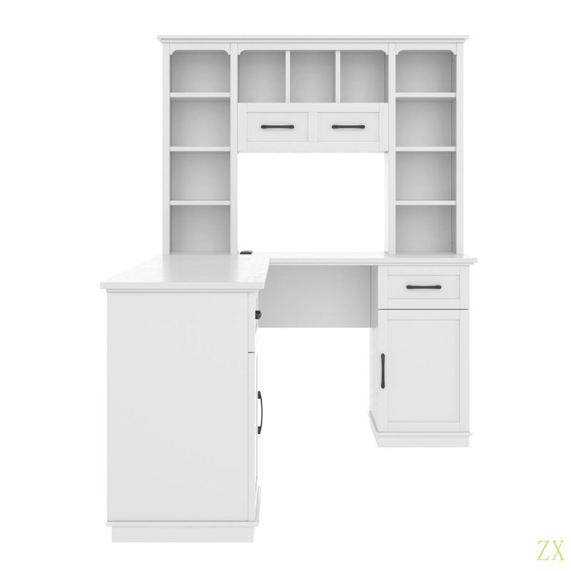 Bureau d'ordinateur en L avec 2 armoires et 2 tiroirs, 11 tablettes ouvertes, avec prise de courant, pour bureau, salon et bureau