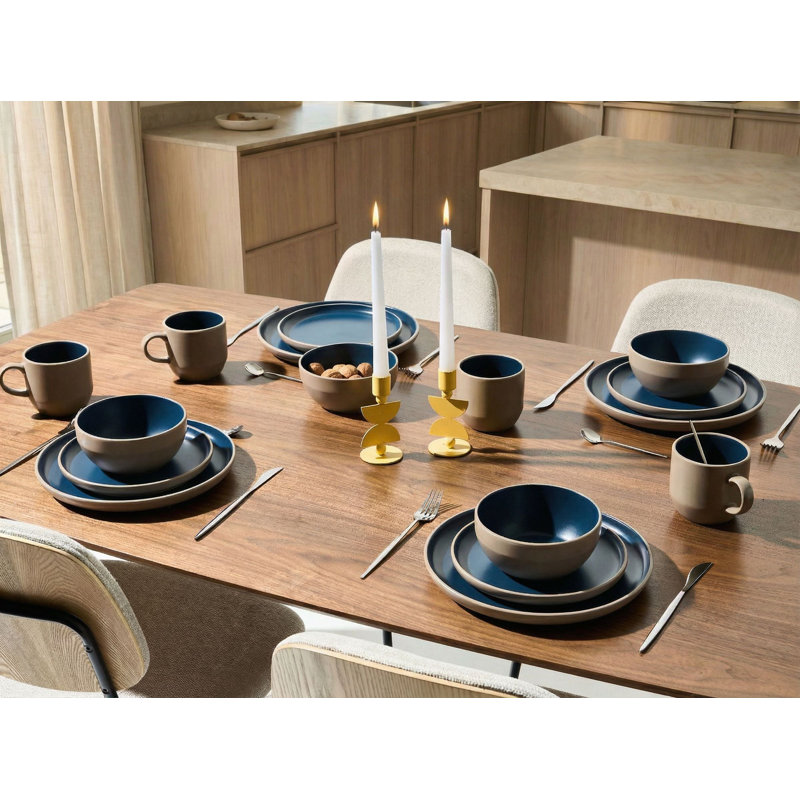 Stoneware Dinnerware - Service for 4, Beige/Blue