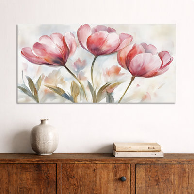 «Pink Green Spring Tulips in Bloom», reproduction d'art sur toile, art mural encadré