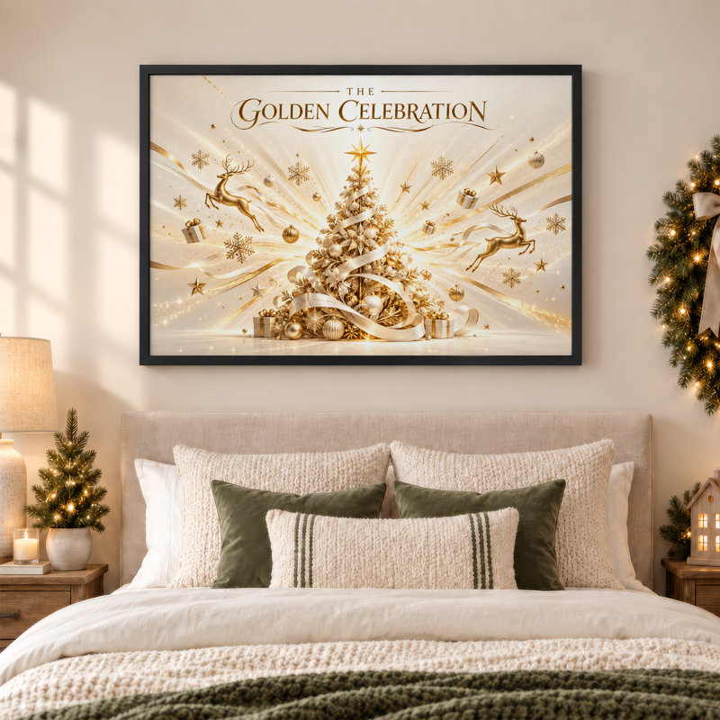 Arbre doré avec renne et cadeaux, art mural sur toile de Noël, H 20 po x l 30 po