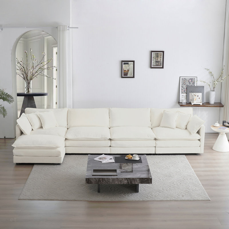 Canapé modulaire modulaire pour le salon, canapé en U convertible 5 places avec 1 repose-pieds chenille, Chenille blanche