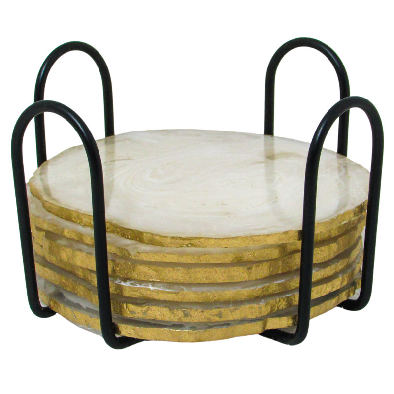 Ensemble de sous-verres ronds en résine bleue avec support, Or, Palette