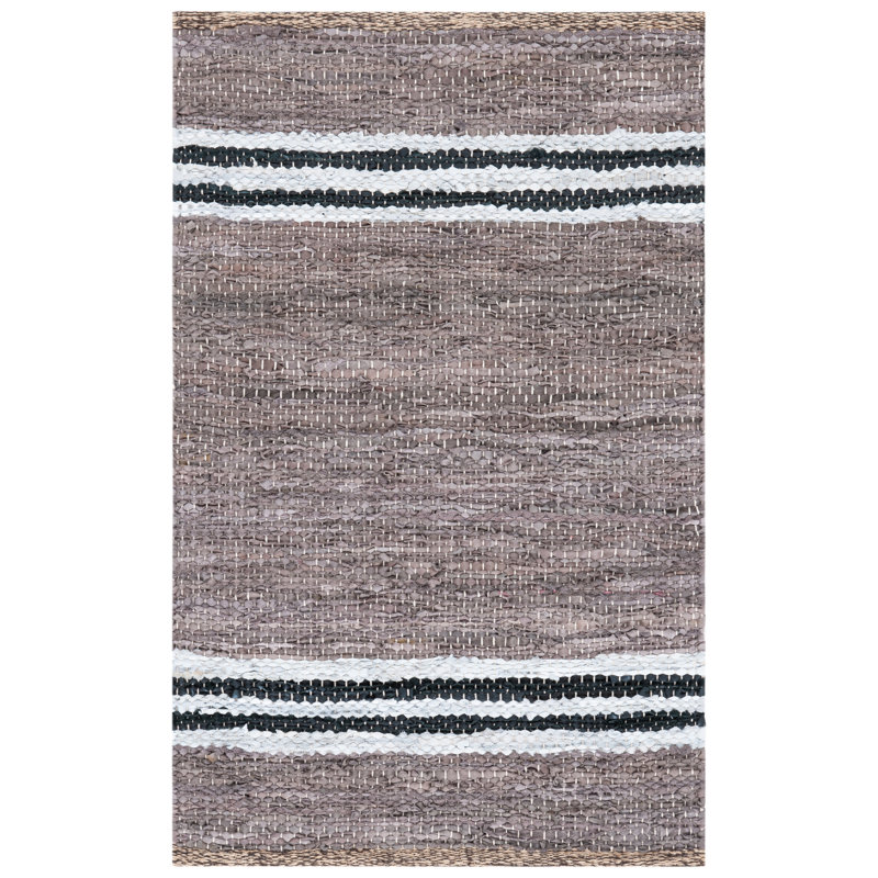 Tapis blanc / noir / gris en cuir / coton tissé à la main Rigmor, Rectangle 3 pi x 5 pi