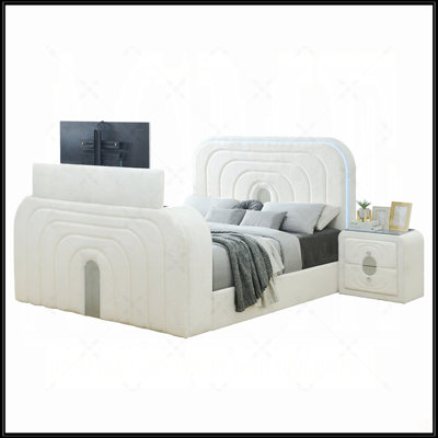 Luxurious Shelyn Teddy Sherpa Bed With LED, TV Cabinet, Fireplace, And Bluetooth Speaker