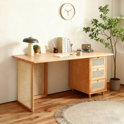 Brown Rectangular Solid Wood+Rattan desk
