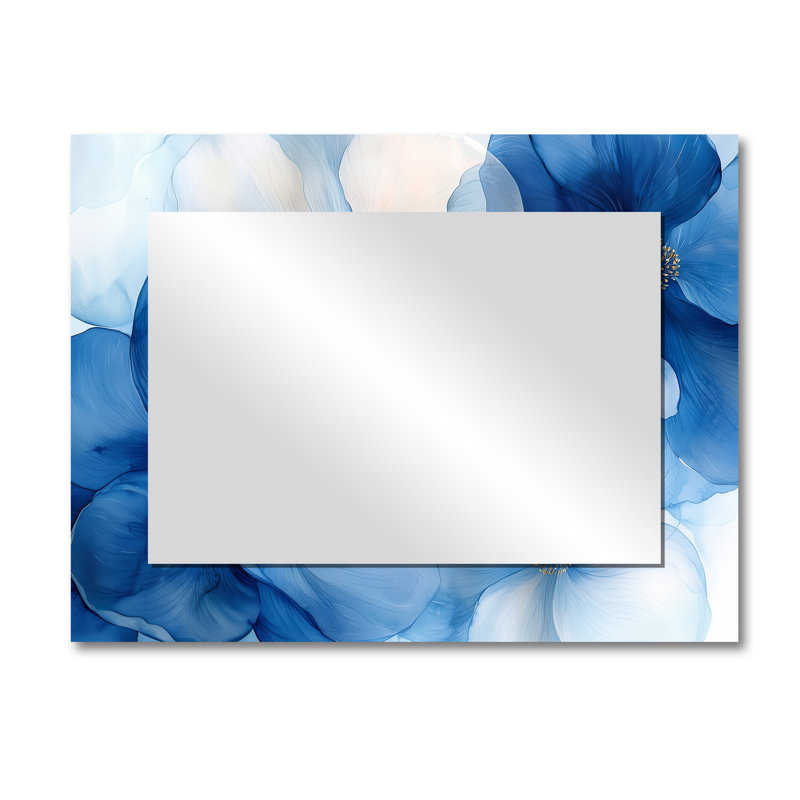 Bleu et blanc, cornouiller délicat, pétales de fleurs II - miroir floral pour décoration murale - imprimé sur métal