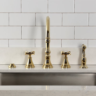 Kingston Brass Essex Double-Handle 4-Hole Widespread Kitchen Faucet With Brass Sprayer