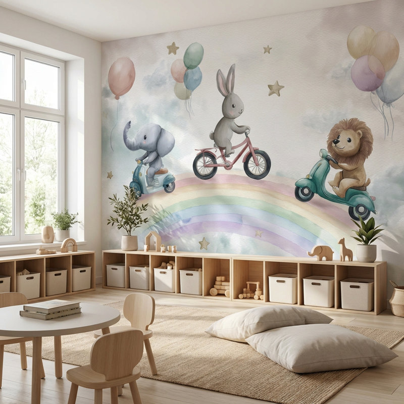 Papier peint animaux fantaisistes, arc-en-ciel, ballons, Texturé non collé, 100 po x 96 po