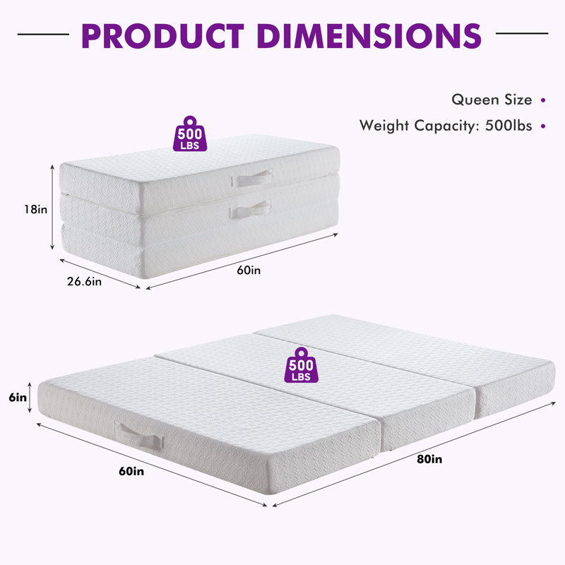 6" Tri-fold Memory Foam Mattress With Non-Slip Cover for Murphy Bed, Queen, Queen