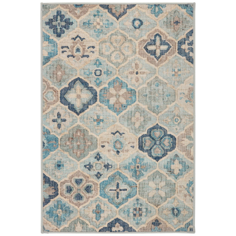 Pali Blue Machine Printed Washable Rug, Rectangle 4' x 6'