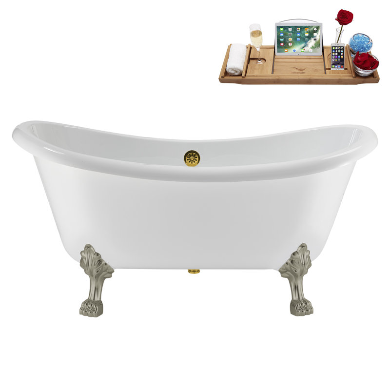 59" Streamline Clawfoot Tub,Tray,Drain, Clawfeet, Brushed Nickel, Polished Gold