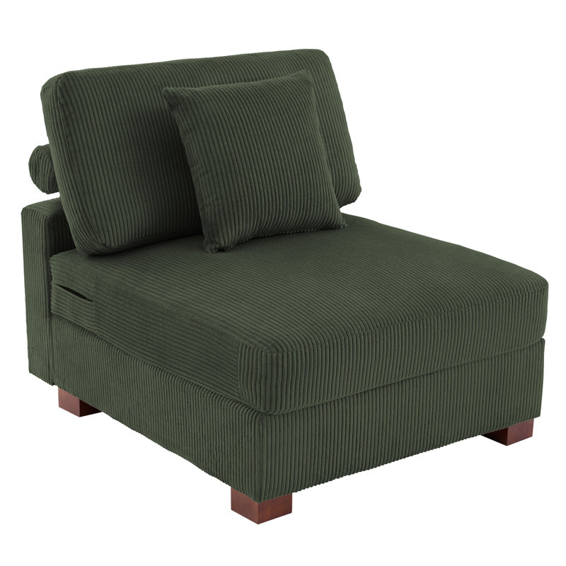 Milbrey Upholstered Green Corduroy Armless Accent Chair with Pillow Back and Solid Wood Legs, Green, Corduroy