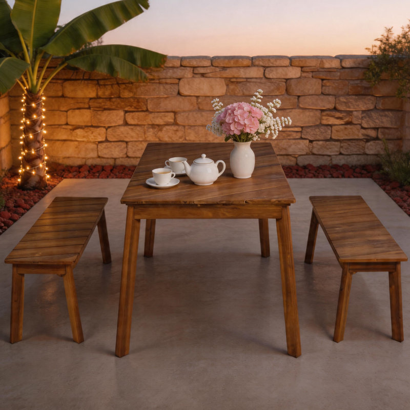 Ensemble de salle à manger pour 4 personnes, ensemble de table de salle à manger avec 2 bancs pour le jardin, la cour et le balcon