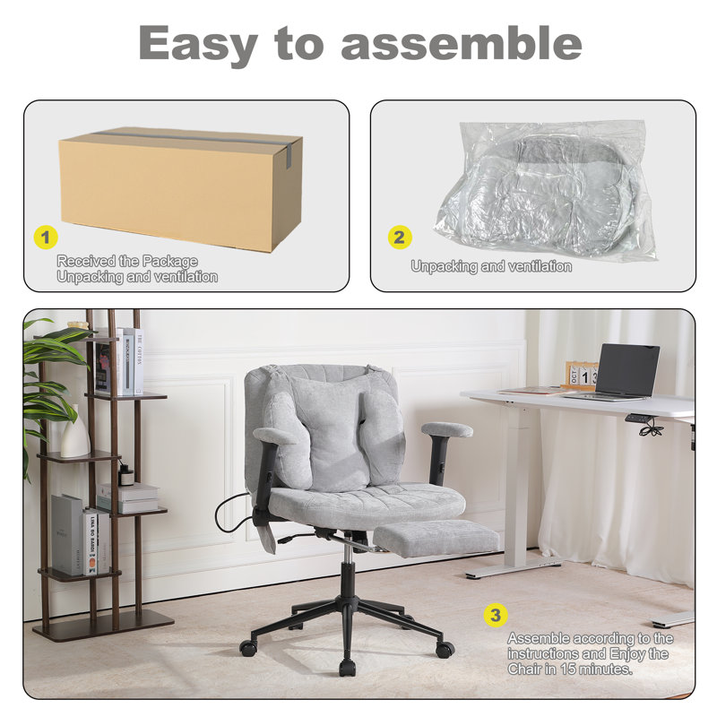 Criss Cross Legged Home Office Chair With Flip-Up Butterfly Back, Wide Seat Desk Chair With Flip-Up and Adjustable Arms, Wheels and Airbag Lumbar Support, Modern  Chair For Home Office (LIGHT GREY)
